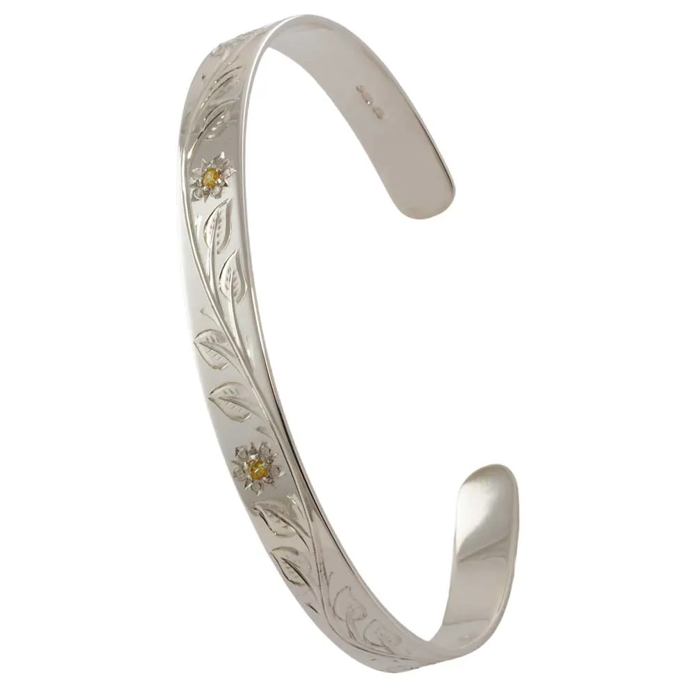 Silver 8mm Hand Engraved Flower & Leaf Cuff Birthstone Bracelet