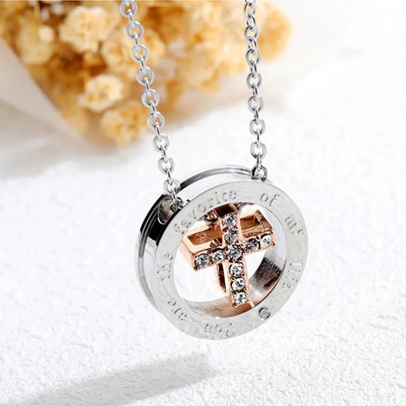 Silver Couple Cross Pendant with Crystals Engraved Message "You are The Favorite of My Life"