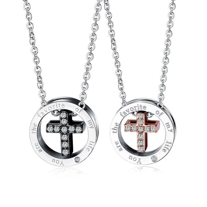 Silver Couple Cross Pendant with Crystals Engraved Message "You are The Favorite of My Life"