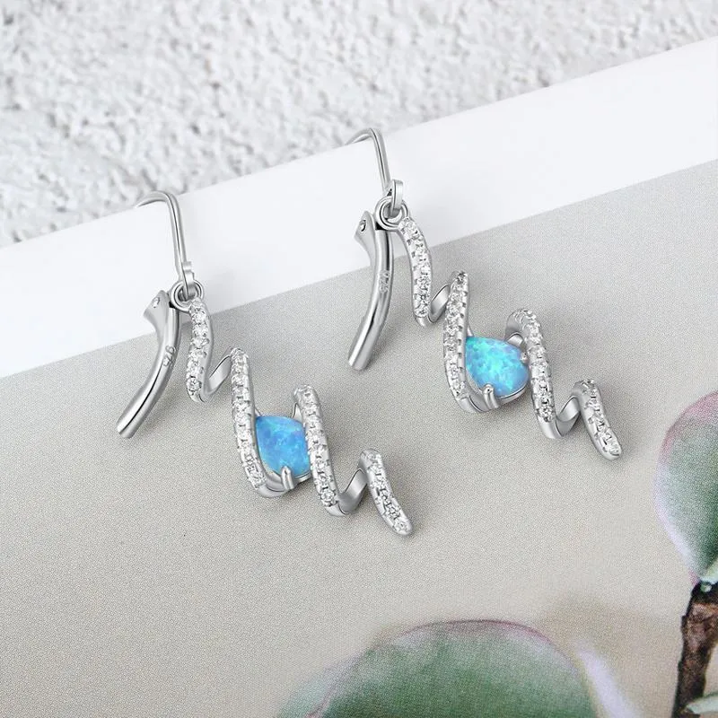 Simple Sea Wave Opal Inside  Silver Drop Earrings