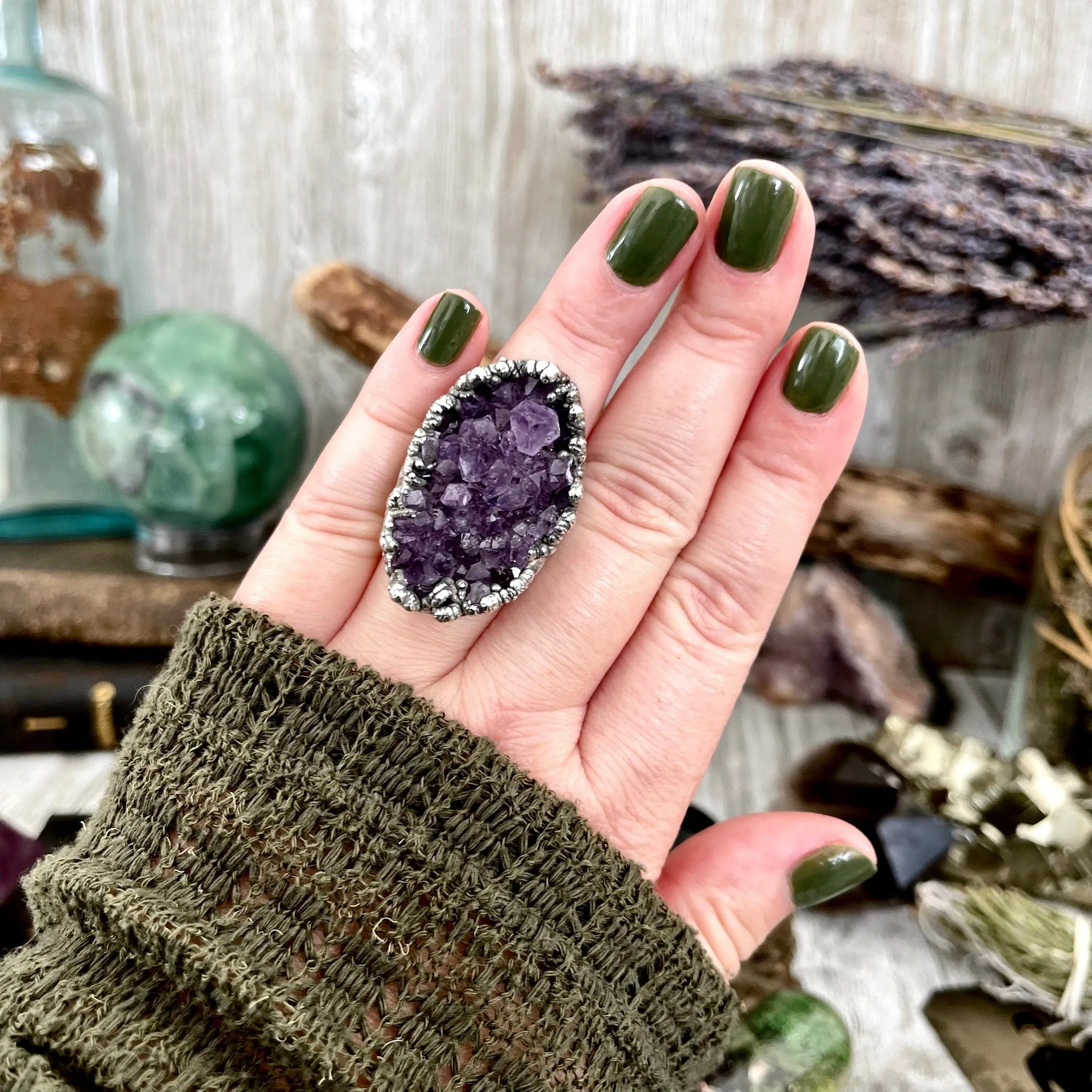 Size 7 Big Raw Amethyst Purple Crystal Ring in Fine Silver / Foxlark Collection - One of a Kind