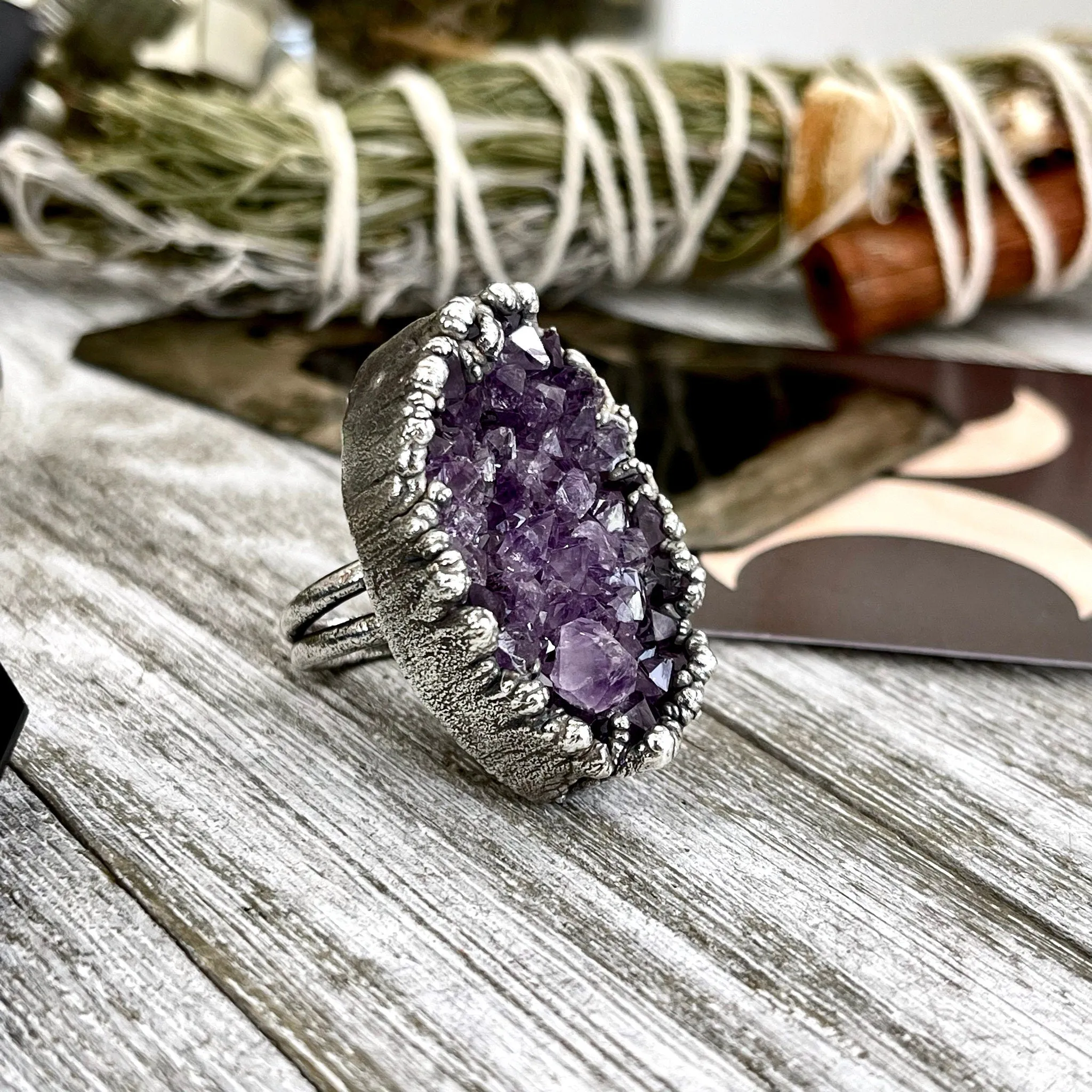 Size 7 Big Raw Amethyst Purple Crystal Ring in Fine Silver / Foxlark Collection - One of a Kind