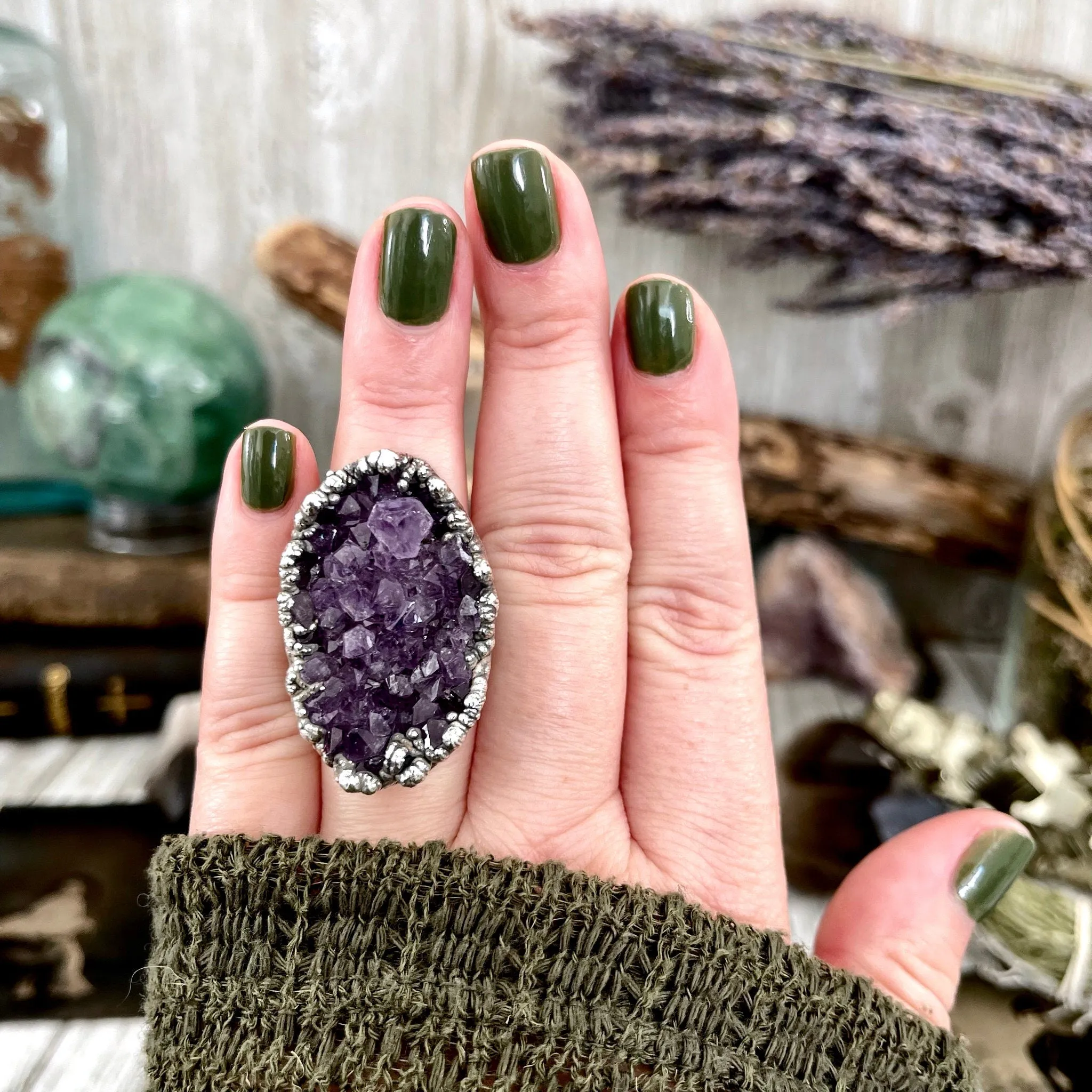 Size 7 Big Raw Amethyst Purple Crystal Ring in Fine Silver / Foxlark Collection - One of a Kind