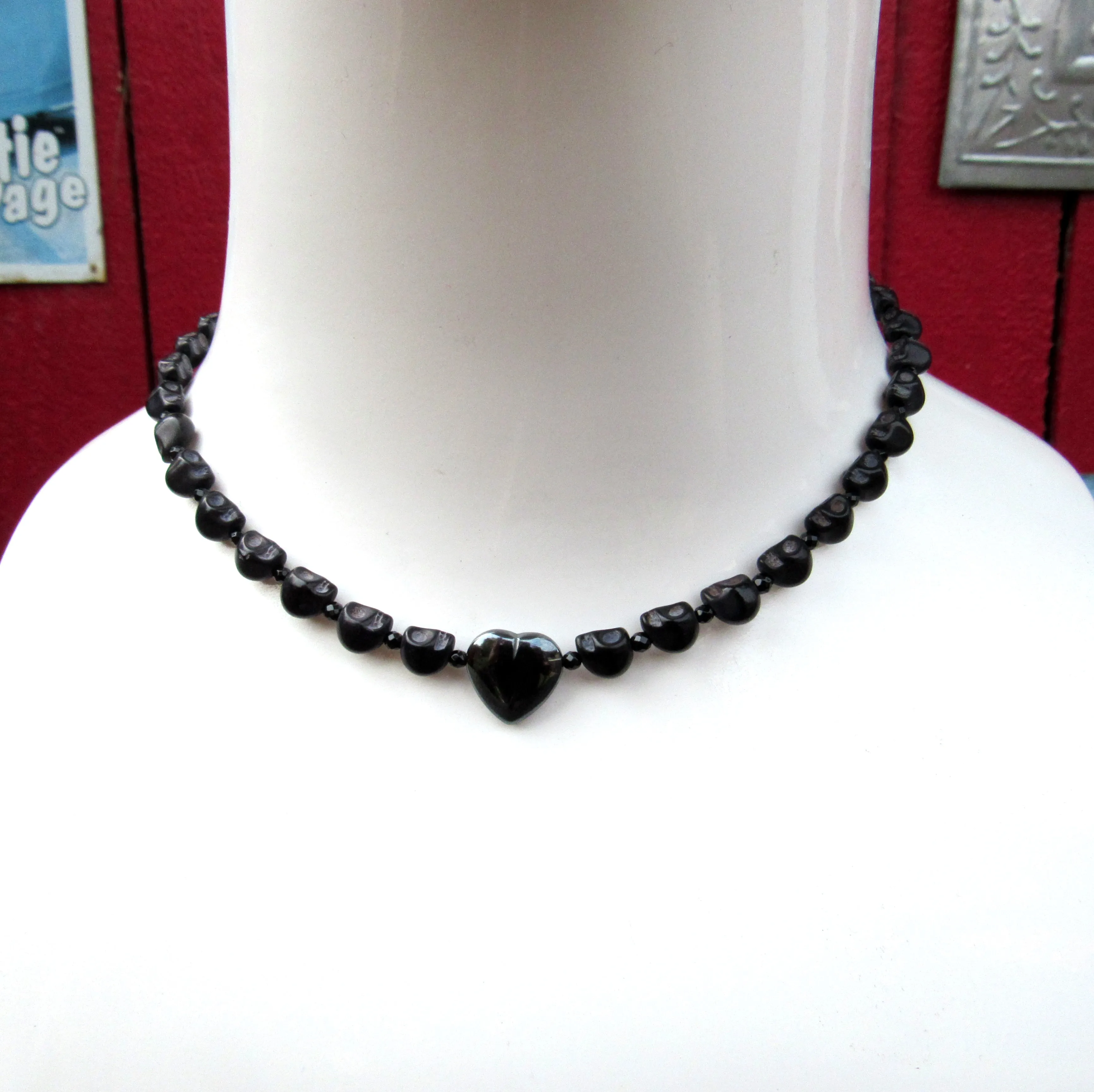 Skulls and Gemstones with Hematite Heart Necklace