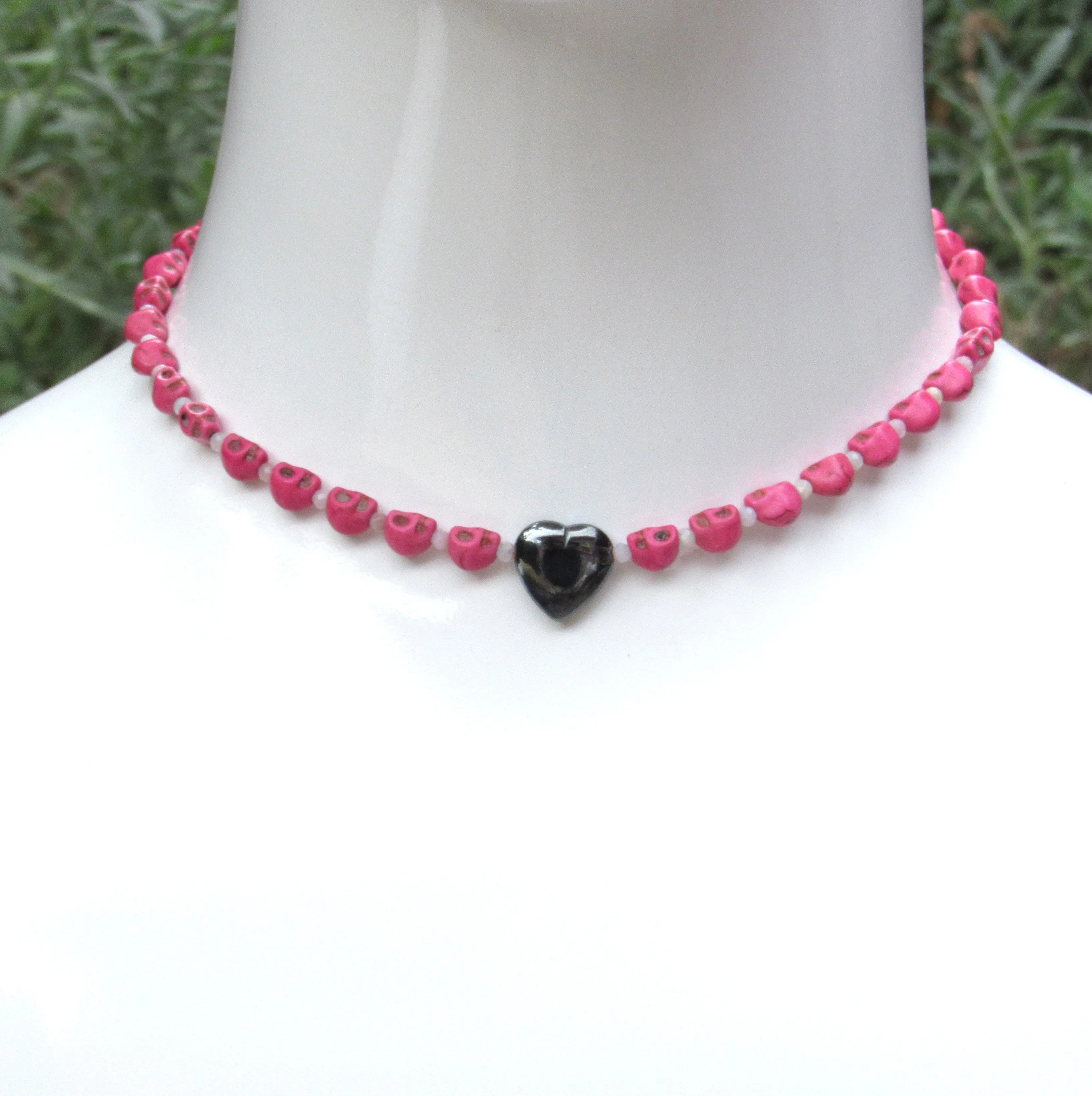 Skulls and Gemstones with Hematite Heart Necklace