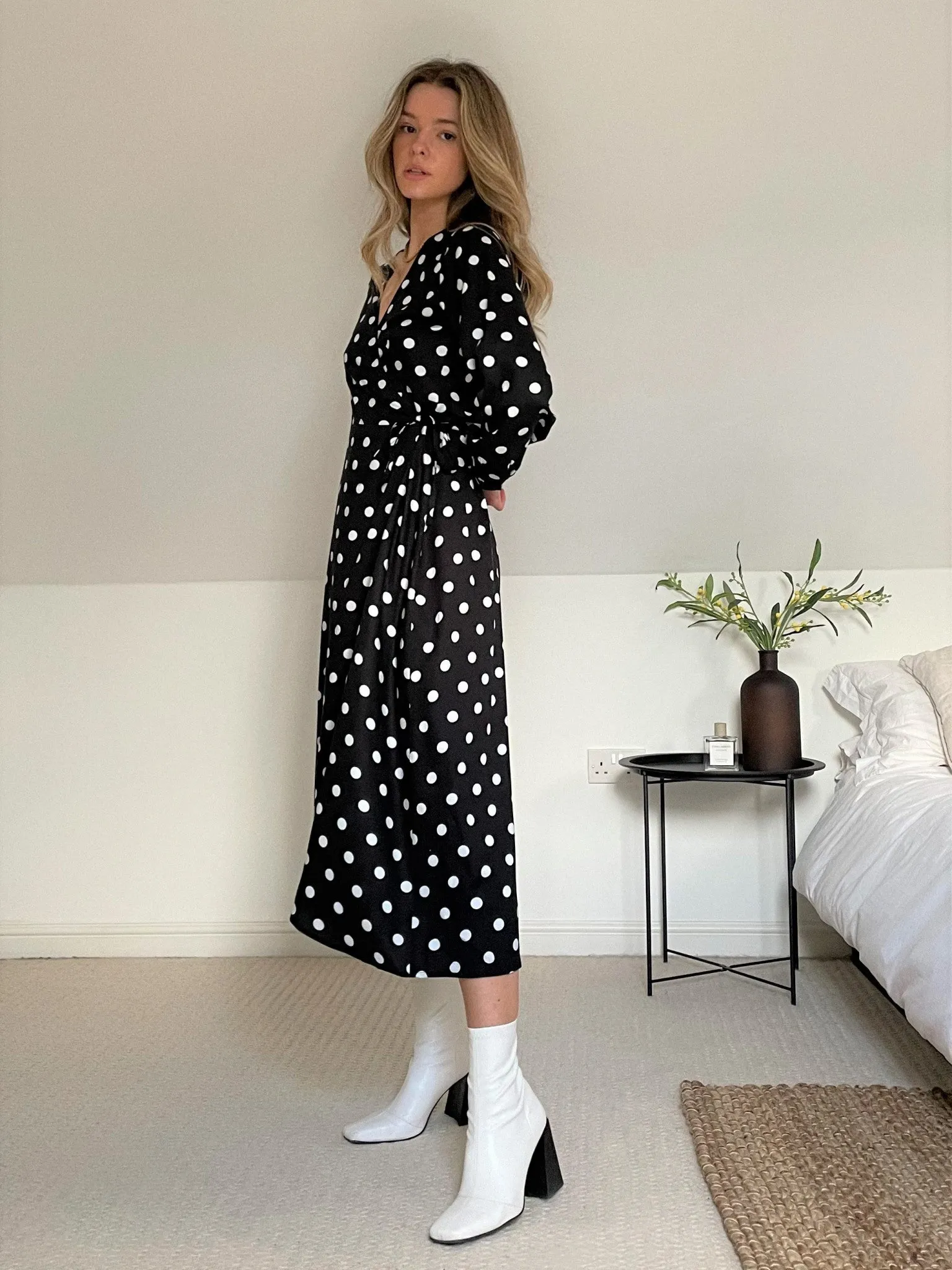 Slaytwins Vale Polka Dot Wrap Midi Dress- Black