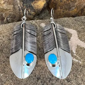 Sleeping Beauty Turquoise Sterling Sliver Feather Earrings by Lena Platero