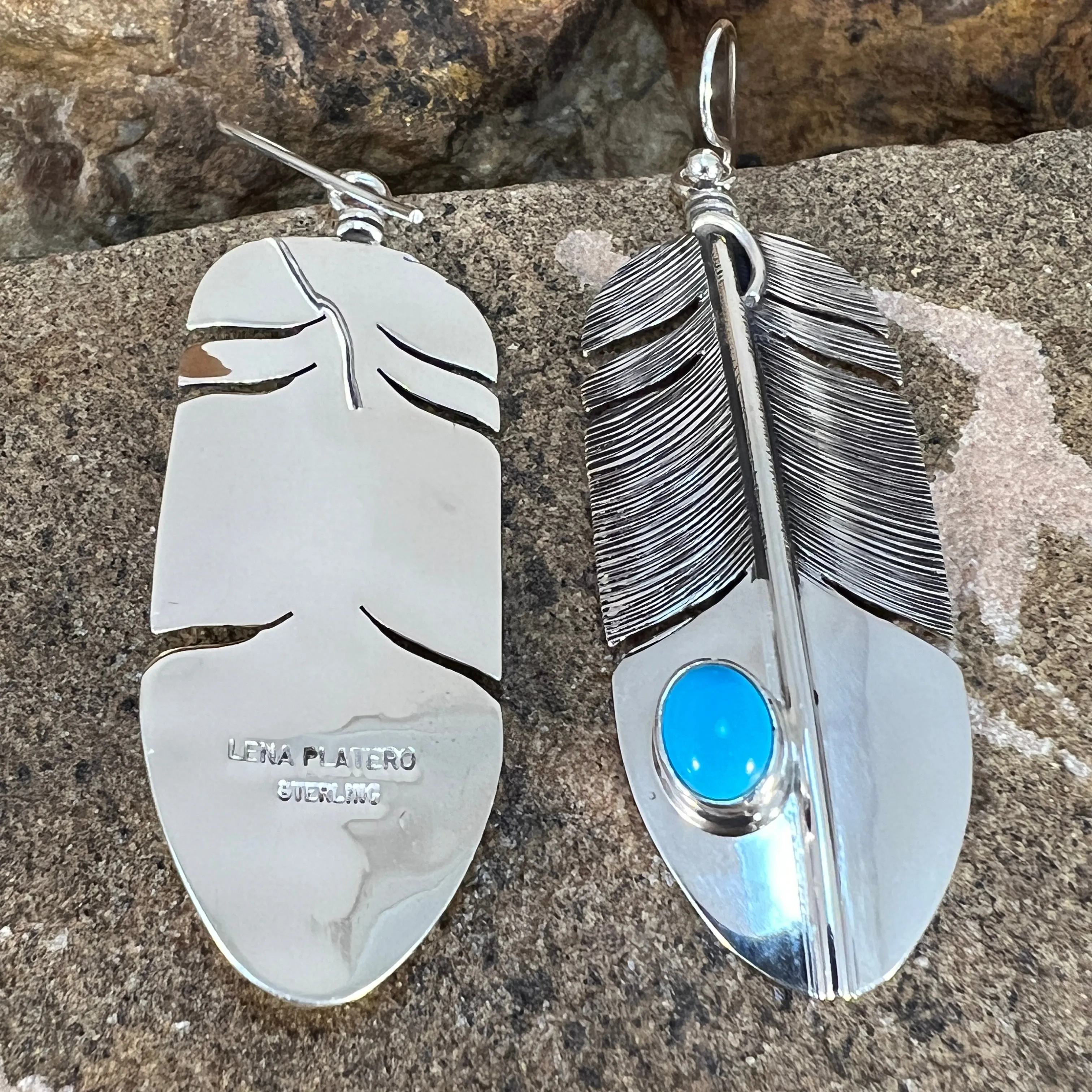 Sleeping Beauty Turquoise Sterling Sliver Feather Earrings by Lena Platero