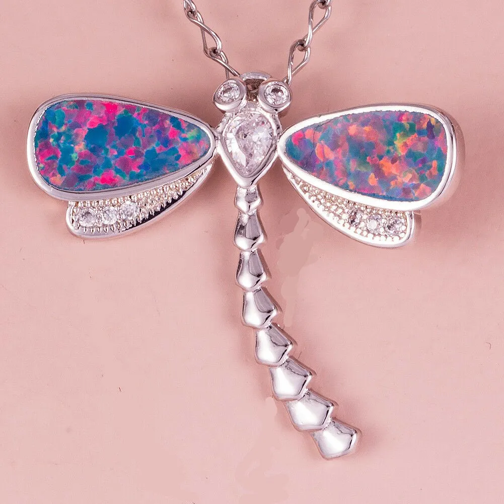 Sterling Silver Blue Fire Opal Dragonfly Pendant Necklace