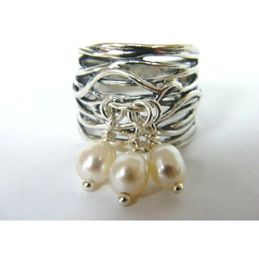 Sterling silver ring with Pearls Charms Bohemian band