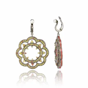 Sterling Silver Statement Earring Clips With True Red Enamel, Warm Mixed Sapphires & White Pearl