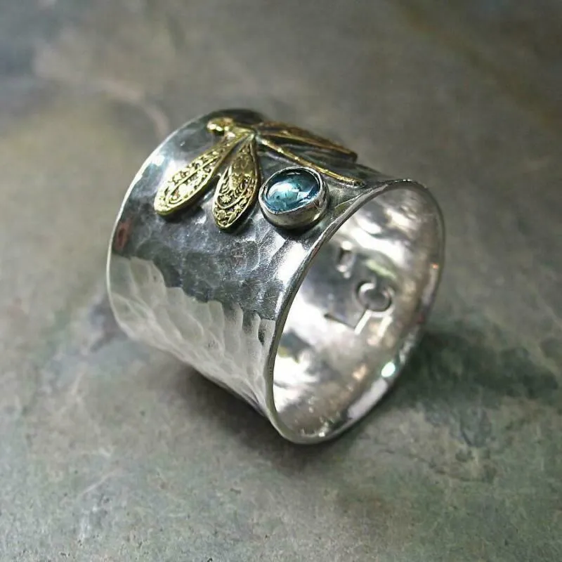 Sterling Silver Wide Hammered Dragonfly Ring