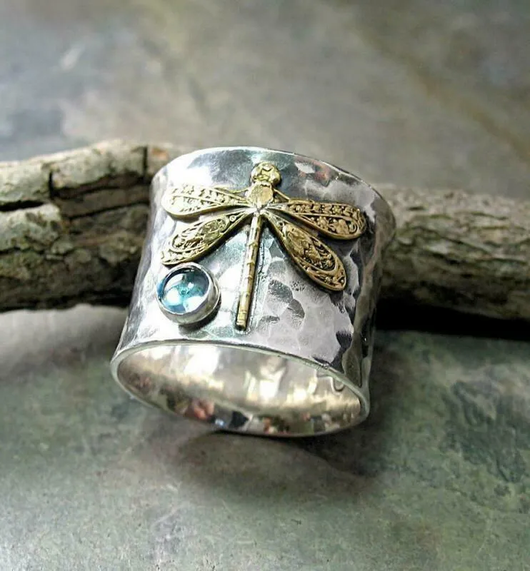 Sterling Silver Wide Hammered Dragonfly Ring