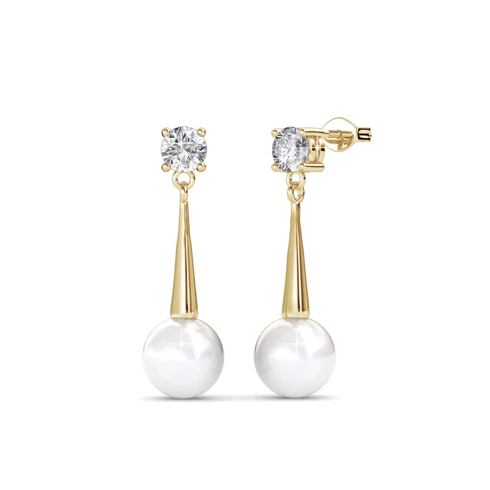 Tatum Dignified 18k White Gold Pearl Dangling Stud Earrings with Swarovski Crystals