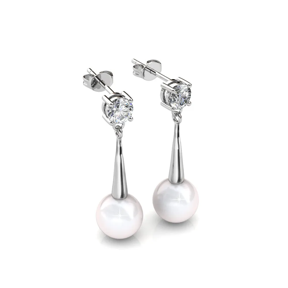 Tatum Dignified 18k White Gold Pearl Dangling Stud Earrings with Swarovski Crystals