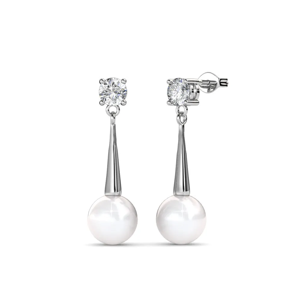 Tatum Dignified 18k White Gold Pearl Dangling Stud Earrings with Swarovski Crystals