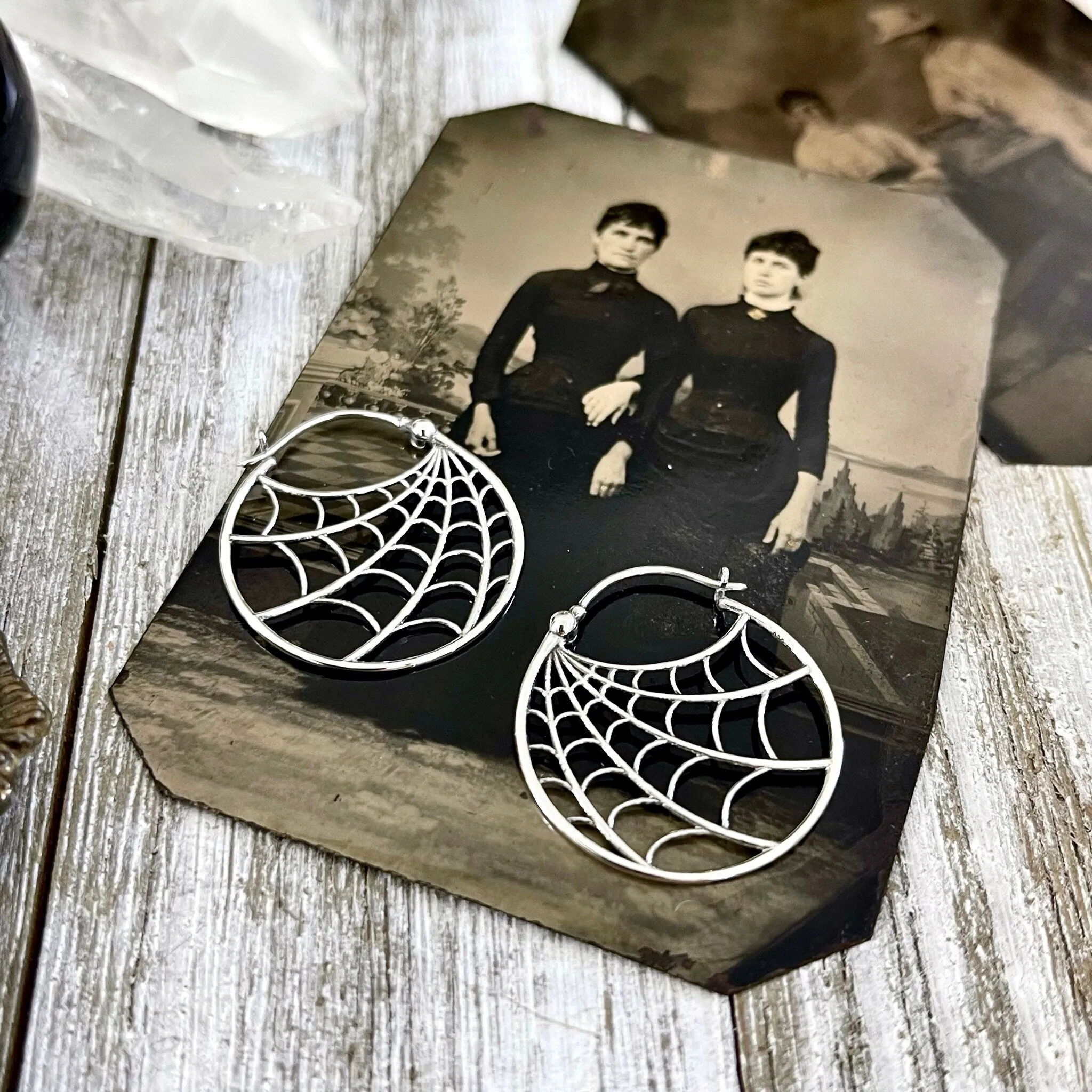 Tiny Talisman Sterling Silver Spider Web Hoop Earrings / Witchy Earrings  Gothic Jewelry