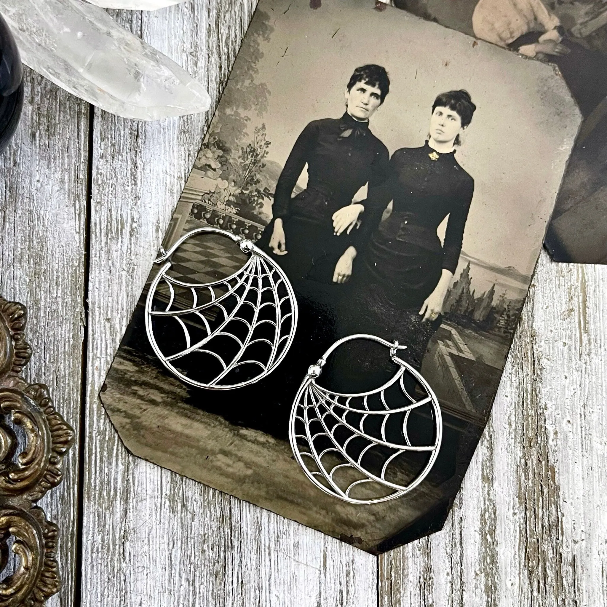 Tiny Talisman Sterling Silver Spider Web Hoop Earrings / Witchy Earrings  Gothic Jewelry