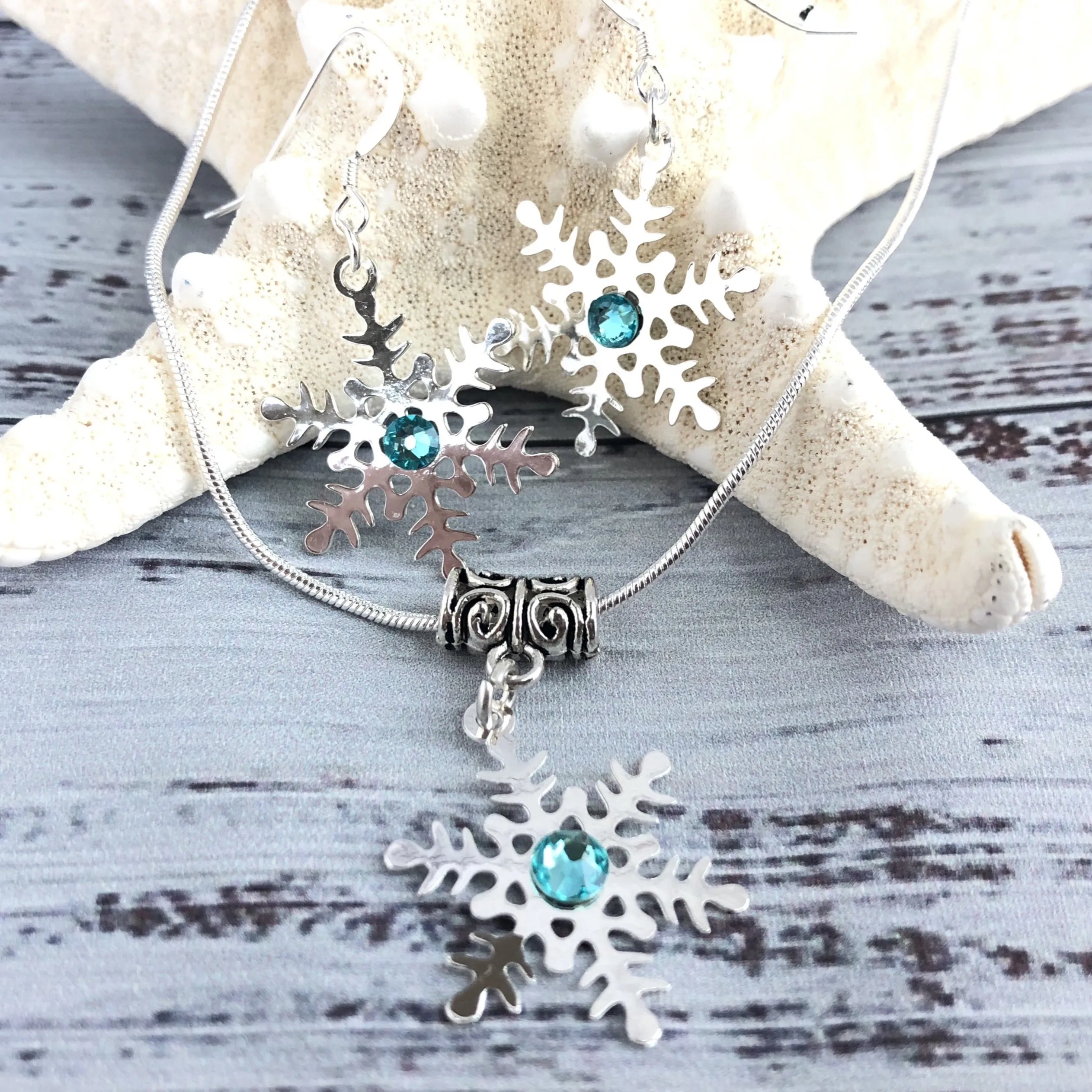 Turquoise Swarovski Silver Snowflake Necklace