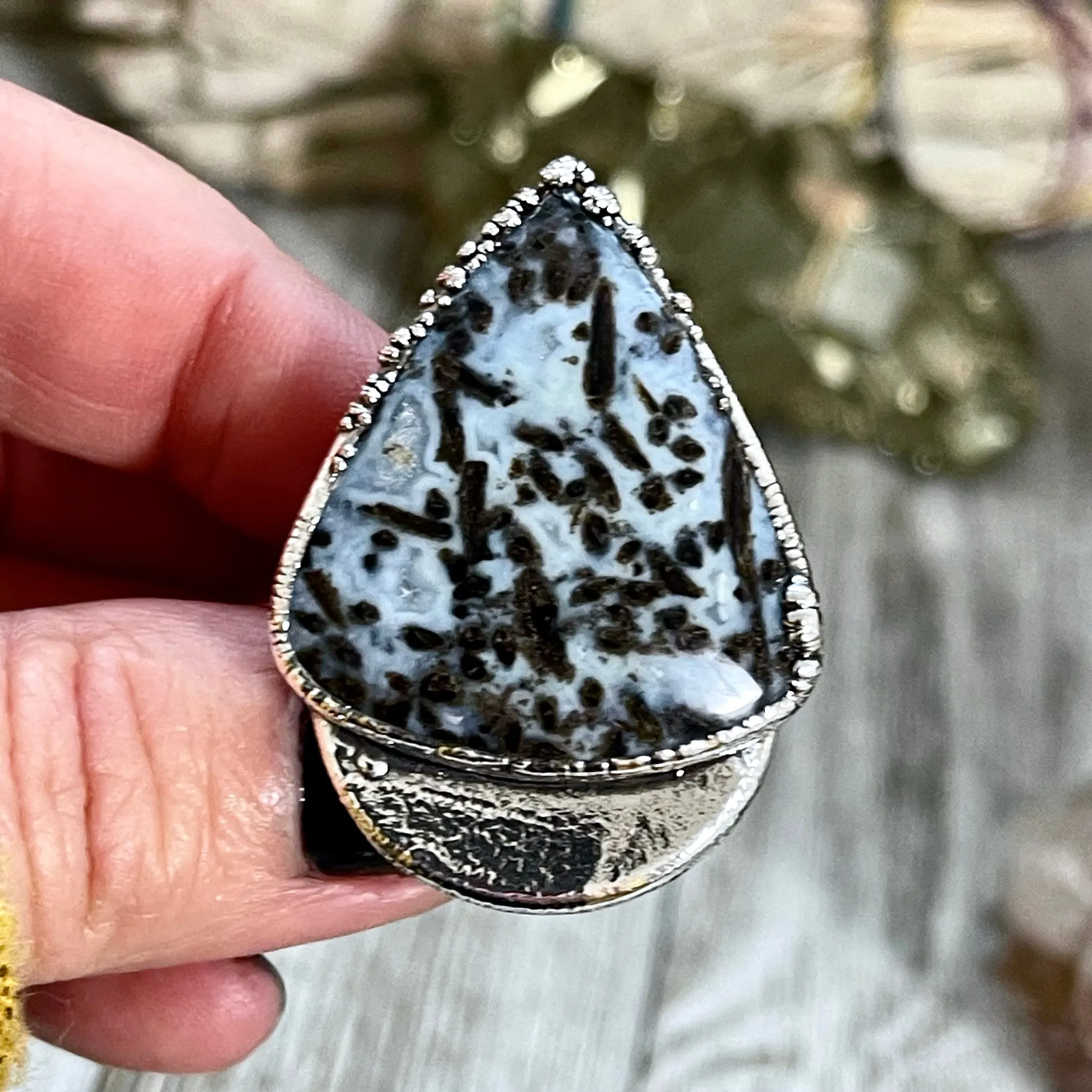 Unique Size 7 Large Blue Fossilized Palm Root Statement Ring in Fine Silver / Foxlark Collection - One of a Kind