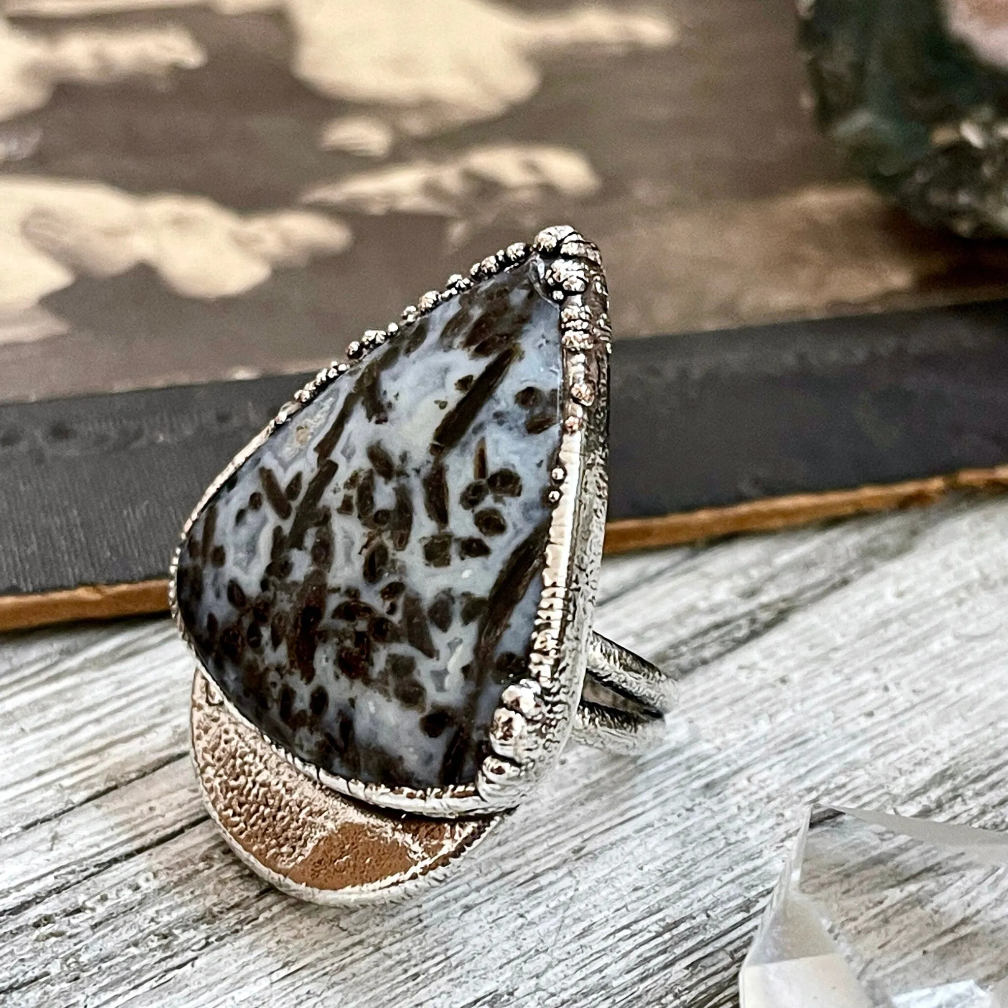 Unique Size 7 Large Blue Fossilized Palm Root Statement Ring in Fine Silver / Foxlark Collection - One of a Kind