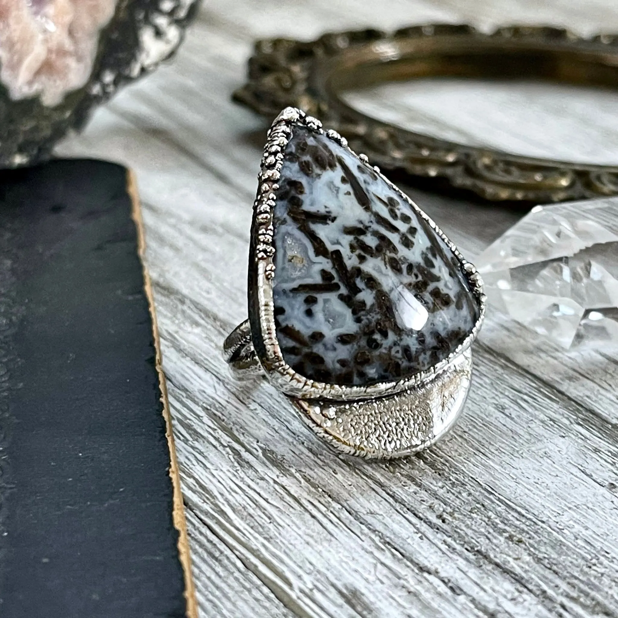 Unique Size 7 Large Blue Fossilized Palm Root Statement Ring in Fine Silver / Foxlark Collection - One of a Kind