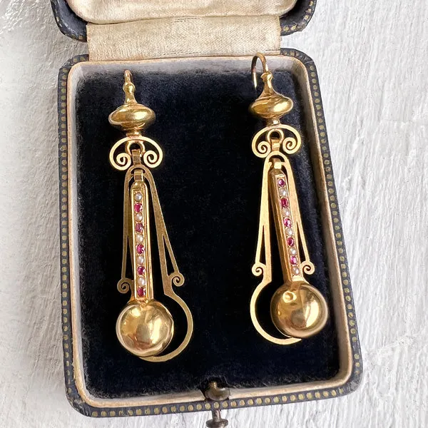 Victorian Ruby & Pearl Drop Earrings