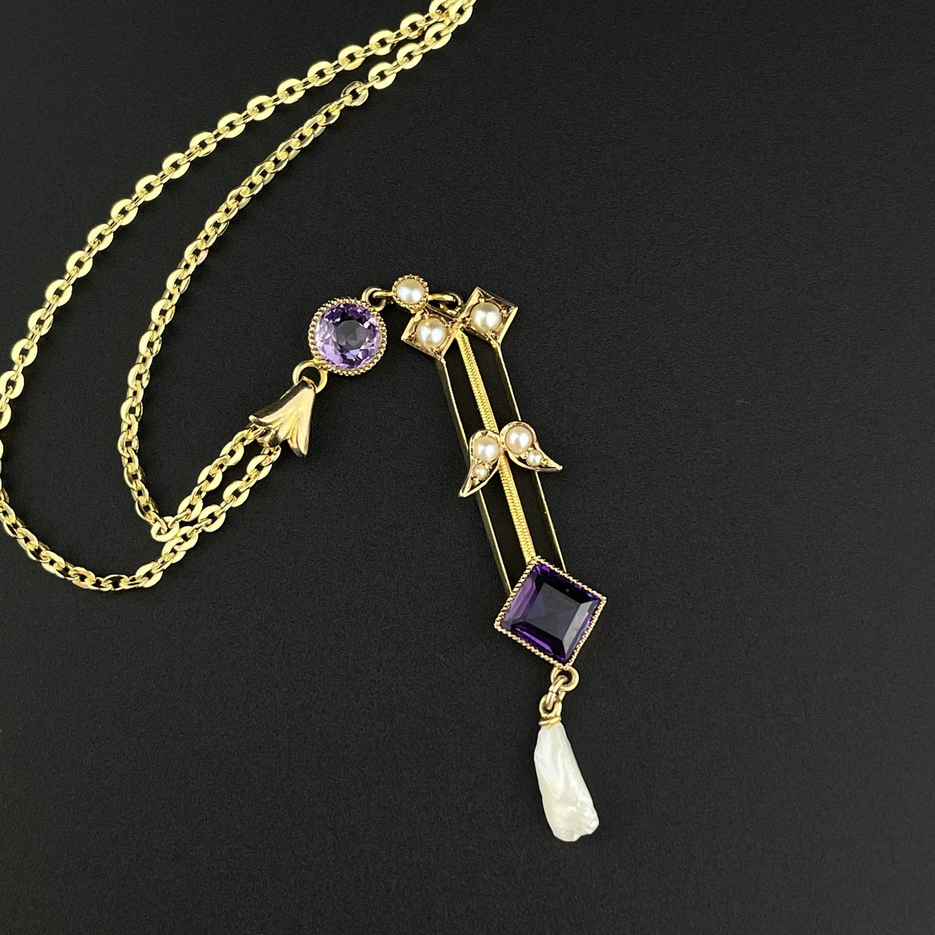 Vintage Art Nouveau Gold Amethyst Pearl Lavaliere Pendant Necklace