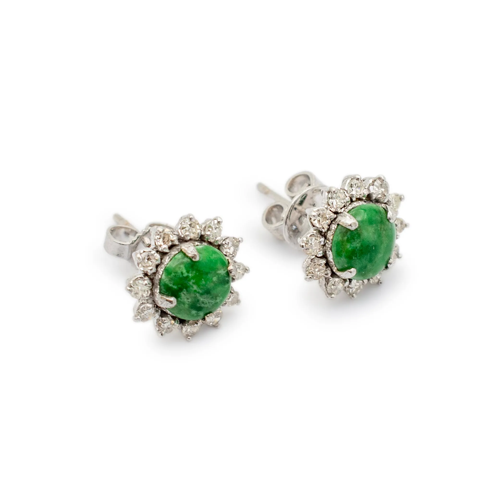 Vintage Ladies 14K White Gold Jade Halo Diamond Stud Earrings