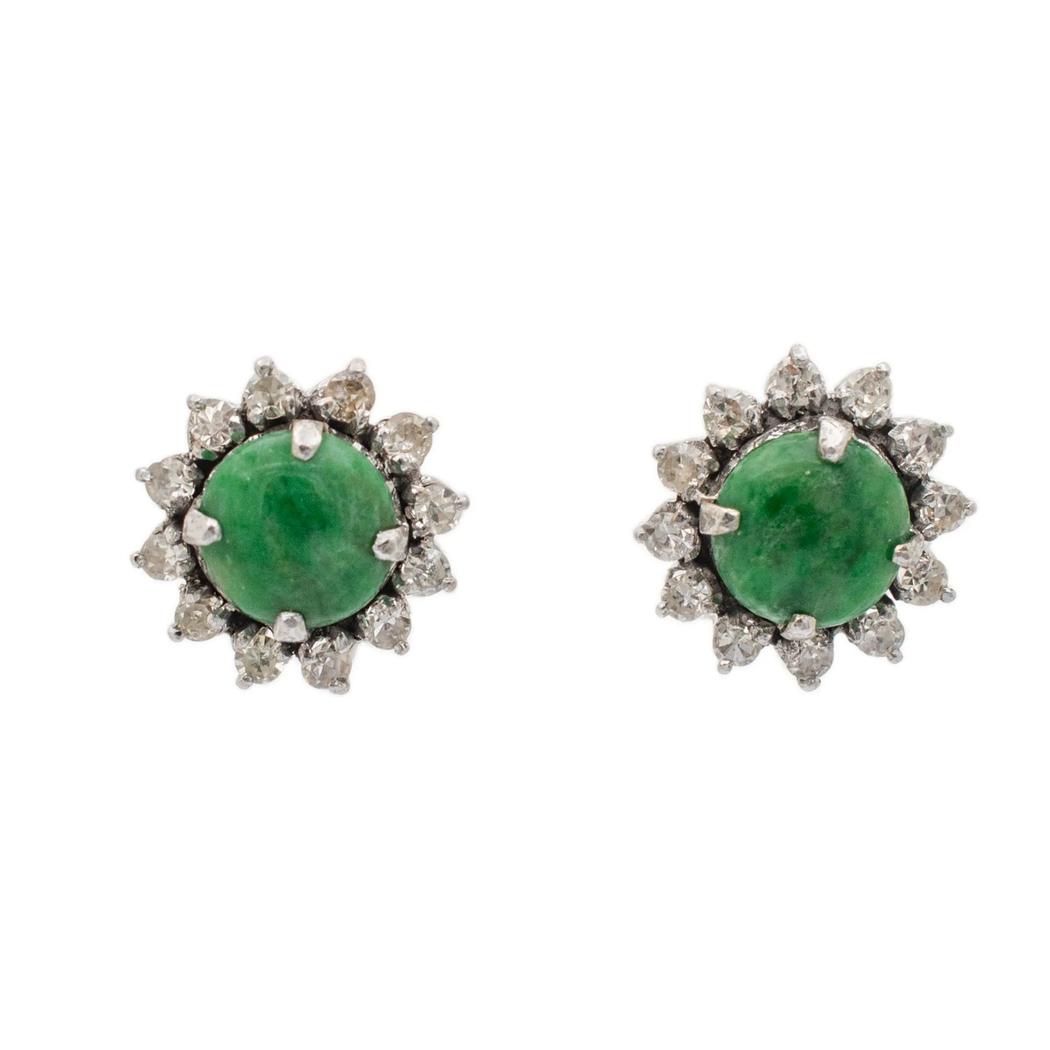 Vintage Ladies 14K White Gold Jade Halo Diamond Stud Earrings