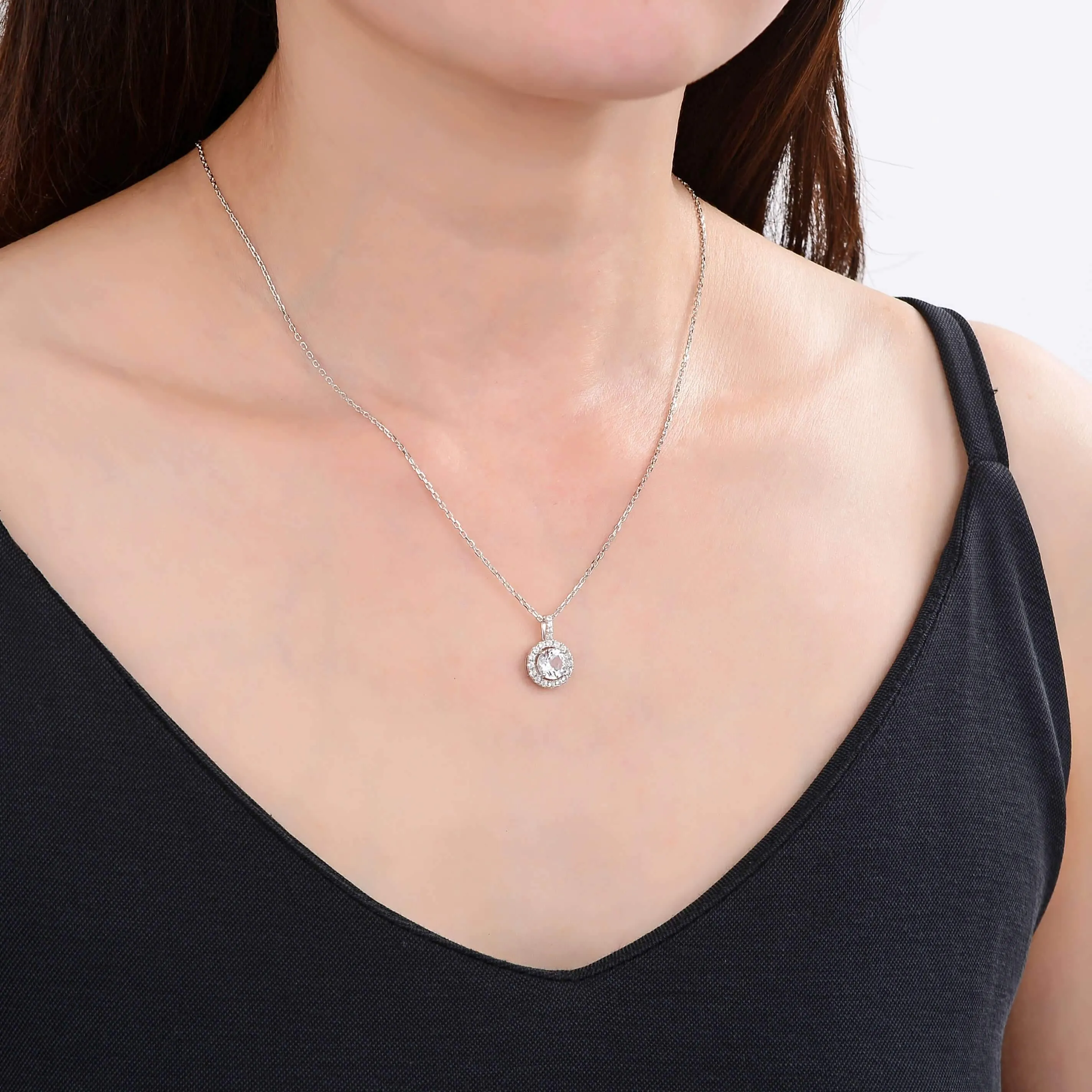 White Topaz Silver Halo Necklace